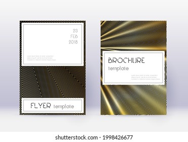 Stylish cover design template set. Gold abstract lines on black background. Fascinating cover design. Superb catalog, poster, book template etc.