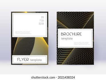 Stylish cover design template set. Gold abstract lines on black background. Fascinating cover design. Stylish catalog, poster, book template etc.