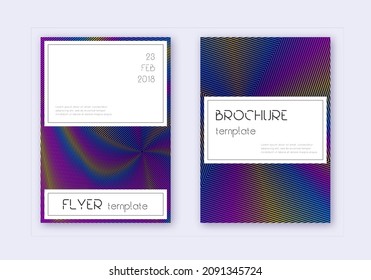 Stylish cover design template set. Rainbow abstract lines on dark blue background. Fetching cover design. Terrific catalog, poster, book template etc.