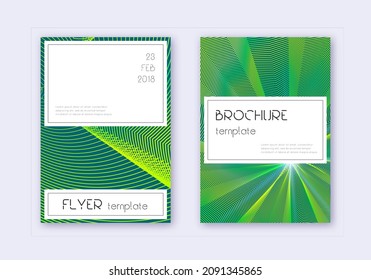 Stylish cover design template set. Green abstract lines on dark background. Favorable cover design. Stunning catalog, poster, book template etc.