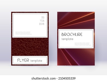 Stylish cover design template set. Orange abstract lines on wine red background. Fetching cover design. Optimal catalog, poster, book template etc.