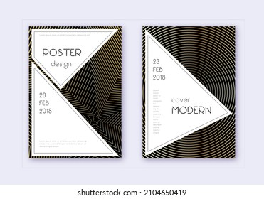 Stylish cover design template set. Gold abstract lines on black background. Fair cover design. Energetic catalog, poster, book template etc.