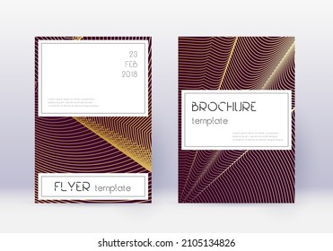 Stylish cover design template set. Gold abstract lines on maroon background. Favorable cover design. Interesting catalog, poster, book template etc.