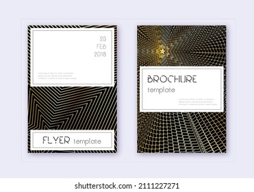 Stylish cover design template set. Gold abstract lines on black background. Fascinating cover design. Shapely catalog, poster, book template etc.