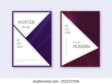 Stylish cover design template set. Violet abstract lines on dark background. Fascinating cover design. Favorable catalog, poster, book template etc.