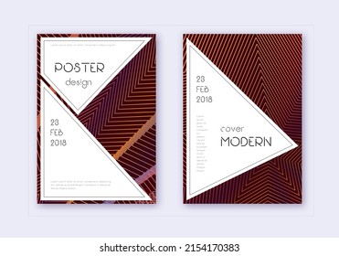 Stilvolles Cover Design Template Set. Orangefarbene abstrakte Linien auf weinrotem Hintergrund. Fantastisches Cover-Design. Klassischer Katalog, Poster, Buchvorlage etc.