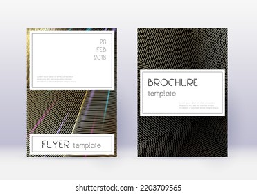 Stylish cover design template set. Gold abstract lines on black background. Fascinating cover design. Worthy catalog, poster, book template etc.