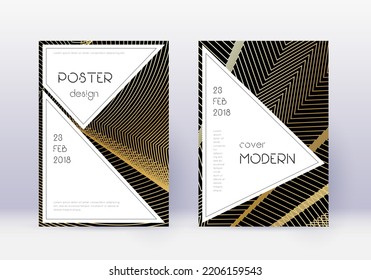 Stylish cover design template set. Gold abstract lines on black background. Fair cover design. Interesting catalog, poster, book template etc.