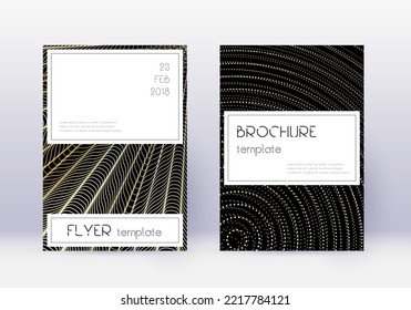 Stilvolles Cover Design Template Set. Goldene abstrakte Linien auf schwarzem Hintergrund. Günstige Covergestaltung. Künstlerischer Katalog, Poster, Buchvorlage etc.