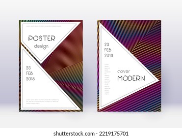 Stylish cover design template set. Rainbow abstract lines on wine red background. Fantastic cover design. Vibrant catalog, poster, book template etc.