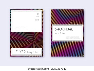 Conjunto de plantillas de diseño de portada elegante. Líneas abstractas del arcoiris sobre fondo rojo del vino. Diseño de portada fina. Fabuloso catálogo, afiche, plantilla de libro, etc.