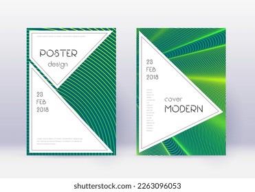 Stylish cover design template set. Green abstract lines on dark background. Fancy cover design. Extra catalog, poster, book template etc.