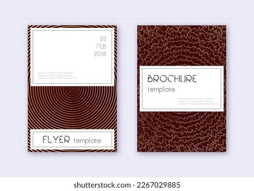 Stylish cover design template set. Gold abstract lines on maroon background. Favorable cover design. Exotic catalog, poster, book template etc.