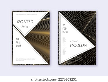Stylish cover design template set. Gold abstract lines on black background. Fair cover design. Fantastic catalog, poster, book template etc.