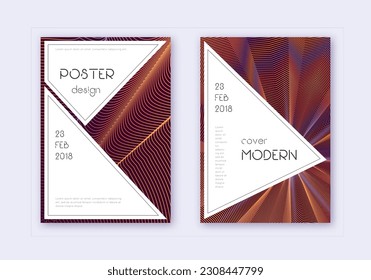 Conjunto de plantillas de diseño de portada elegante. Líneas abstractas naranjas sobre fondo de color rojo. Fantástico diseño de la cubierta. Divertido catálogo, afiche, plantilla de libro, etc.