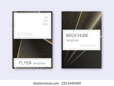 Stylish cover design template set. Gold abstract lines on black background. Fascinating cover design. Wondrous catalog, poster, book template etc.