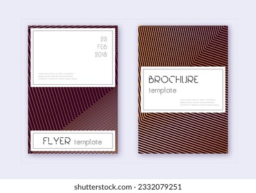Stylish cover design template set. Gold abstract lines on maroon background. Favorable cover design. Delicate catalog, poster, book template etc.
