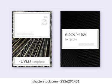 Stylish cover design template set. Gold abstract lines on black background. Favorable cover design. Alive catalog, poster, book template etc.