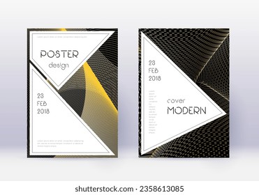 Stylish cover design template set. Gold abstract lines on black background. Fair cover design. Fancy catalog, poster, book template etc.
