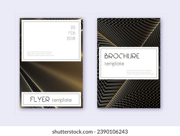 Stylish cover design template set. Gold abstract lines on black background. Fascinating cover design. Sublime catalog, poster, book template etc.