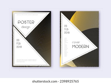 Stylish cover design template set. Gold abstract lines on black background. Fair cover design. Fabulous catalog, poster, book template etc.