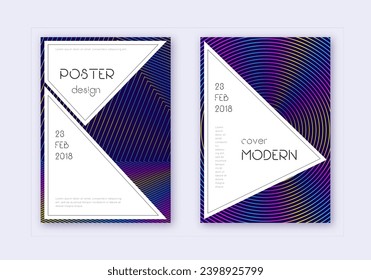 Stylish cover design template set. Rainbow abstract lines on dark blue background. Fantastic cover design. Lively catalog, poster, book template etc.