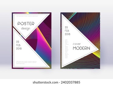 Stylish cover design template set. Rainbow abstract lines on wine red background. Fantastic cover design. Trending catalog, poster, book template etc.