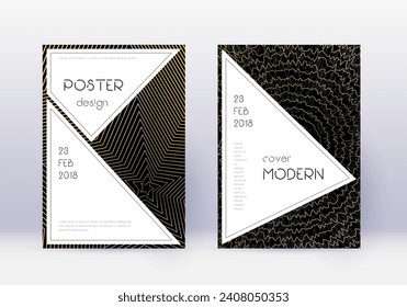Stylish cover design template set. Gold abstract lines on black background. Fair cover design. Original catalog, poster, book template etc.