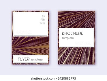 Conjunto de plantillas de diseño de portada elegante. Líneas abstractas de oro sobre fondo marrón. Diseño de portada favorable. Gran catálogo, afiche, plantilla de libro, etc.