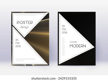 Stylish cover design template set. Gold abstract lines on black background. Fair cover design. Mesmeric catalog, poster, book template etc.
