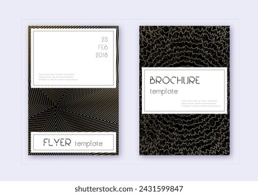 Stylish cover design template set. Gold abstract lines on black background. Fascinating cover design. Trending catalog, poster, book template etc.