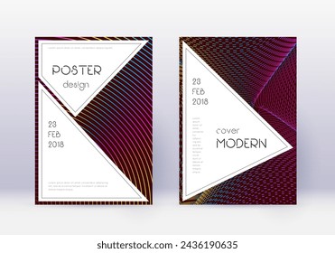 Stilvolles Cover Design Template Set. Regenbogen abstrakte Linien auf weinrotem Hintergrund. Fantastisches Cover-Design. Herausragender Katalog, Poster, Buchvorlage etc.