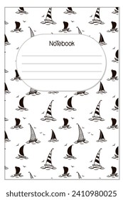 Stylish cover with different yachts for notebooks, for notepads, planners, brochures, school notebooks. Black and white. Vector illustration for print. The connectors are insulated and replaceable.