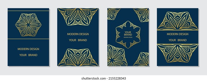 Elegante conjunto de portadas, plantillas verticales. Colección de fondo azul oscuro. Patrón dorado para logotipo, monograma, invitación, volante, menú, fondo. Étnos del Este, Asia, India, México, Aztecas, Perú.