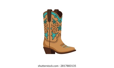 Stylish cowboy boot featuring detailed embroidery in brown blue and turquoise shades ideal for western fashion or country style footwear
