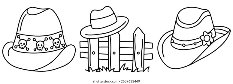A Stylish cowboy hats with unique designs are displayed alongside rustic wooden fence, creating charming scene