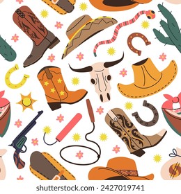 Stylish cowboy seamless pattern. Horseshoe, boots and hats wild west style. Fashion western rodeo print design. Decorative decent vector background