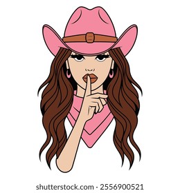 Stylish Cowgirl in Pink Hat with Shushing Gesture Illustration