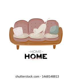 Stylish cozy Scandic living room interior - sofa, armchair, coffee table, plants in pots, lamp, home decorations. Sweet Home. Modern comfy apartment furnished in Hygge style. Vector illustration