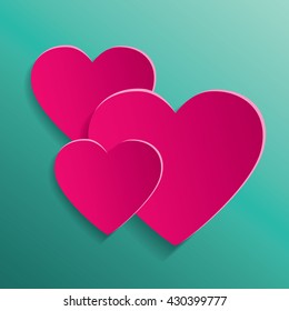 Stylish creative abstract background with red cut paper 3d hearts. 