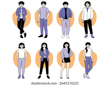 Stylish and Creative Character Illustrations Depicted in Varied Outfits and Unique Poses