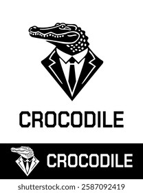 A stylish and creative crocodile logo design in black and white featuring a crocodile head in a suit and tie