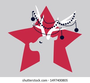 Stylish and creative holiday card or poster design with a deer on a red star.