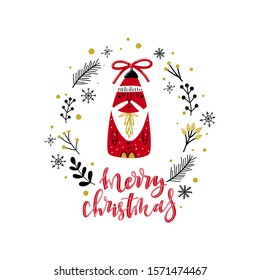 Stylish and creative holiday card or poster design with toy Santa Claus and wreath with christmas symbols. Vector illustration.