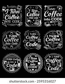 A stylish and creative T-shirt design featuring the quote "I Turn Coffee into Code" with decorative typography. Perfect for programmers, developers, and coffee lovers