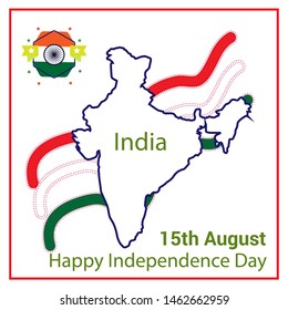 Stylish creative vector illustration for National day of India. 15th august Indian independence day holiday celebration image with white background and India map and flag 
