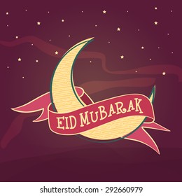 Stylish crescent moon with Eid Mubarak riibon on stars decorated background, Elegant greeting card design for Muslim community festival celebration.