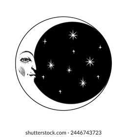 Stylish crescent moon face and sky with stars, celestial outline tattoo, black and white logo, vintage engraving symbol of the zodiac, astrology. Vector hand drawn illustration isolated on white