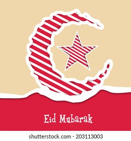 Stylish crescent moon and star on beige and red background for the occasion of Muslim community festival Eid Mubarak. 