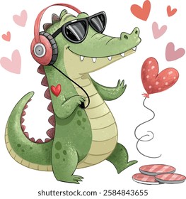 Stylish crocodile design with love-themed details and a humorous romantic vibe.